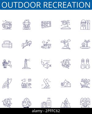 Outdoor recreation line icons signs set. Design collection of Hiking, Camping, Fishing, Kayaking, Boating, Cycling, Climbing, Hunting outline concept Stock Vector