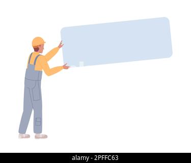 Construction labourer with metal panel semi flat color vector character Stock Vector
