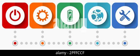 Industry vector icons, miscellaneous square icon set such as power, cogwheel, battery and tools for webdesign and mobile applications, flat design inf Stock Vector