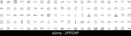 City and movement line icons signs set. Design collection of city, movement, transportation, urban, pedestrian, bike, car, bus outline concept vector Stock Vector