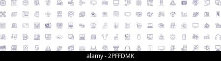 Computer and gadjets line icons signs set. Design collection of Hardware, Software, Networking, Laptops, Monitors, Printers, Scanners, Routers outline Stock Vector