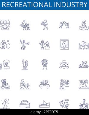 Recreational industry line icons signs set. Design collection of Hiking, Boating, Skiing, Fishing, Camping, Swimming, Surfing, Kayaking outline Stock Vector
