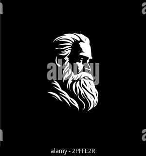 Bearded old man bust logo template, Santa Claus monument emblem, sage stamp, grandfather tattoo sketch. Hand drawing emblem on black background for Stock Vector