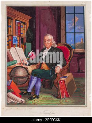 Embroidery pattern sheet showing Benjamin Franklin (1706-1790), American scientist, inventor, and one of the Founding Fathers of the United States, German hand coloured portrait engraving, 1842-1852 Stock Photo