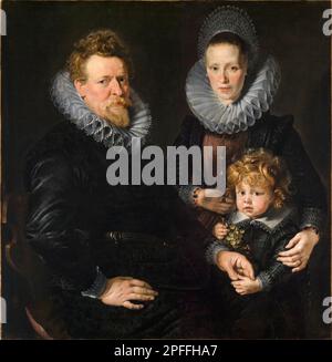 Family portrait of the Brussels goldsmith Robert Staes, his wife Anna, and their son Albert, painting in oil on canvas by Peter Paul Rubens, 1610-1611 Stock Photo