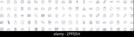 Food products line icons signs set. Design collection of Produce, Meat, Dairy, Groceries, Canned, Frozen, Baked, Confectionery outline concept vector Stock Vector