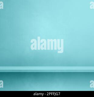 Empty shelf on an aqua blue concrete wall. Background template scene. Square mockup Stock Photo