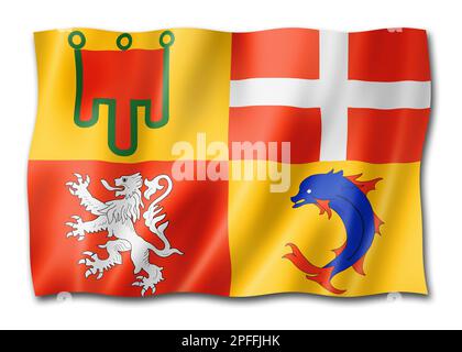 Auvergne-Rhone-Alpes Region flag, France waving banner collection. 3D illustration Stock Photo