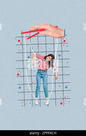 Vertical collage picture of arm hold mini puppet girl hanging string isolated on drawing creative background Stock Photo