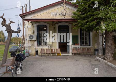 Agios Andreas railway station, on the Patras suburban narrow gauge railway, Patras, Greece Stock Photo