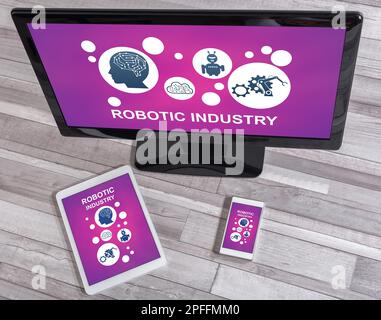 Robotic industry concept shown on different information technology devices Stock Photo