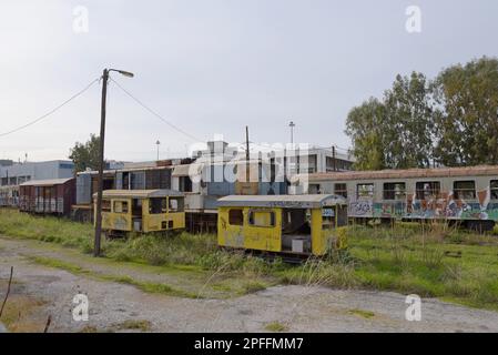 Abandoned and derelict rolling stock ar Agios Andreas railway station, Patras, Greece Stock Photo