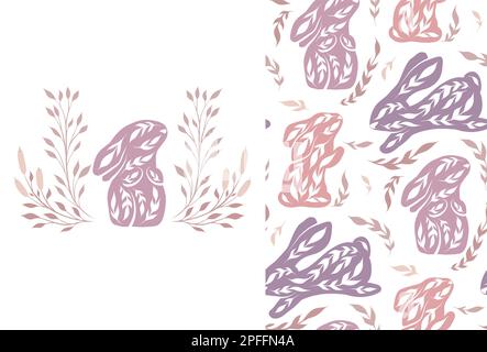 Set of vector seamless Easter pattern and card with decorated rabbits and flowers. Nursery texture and illustration with folk art bunnies Stock Vector