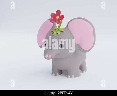 3D illustration of a cute elephant with a flower on its head. Cartoon volumetric toy. Baby with big ears and trunk. Stock Photo