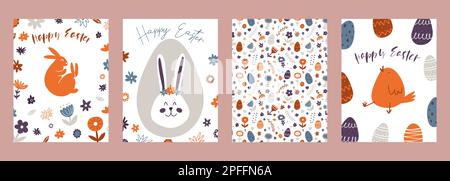 Set of Happy Easter greeting cards. Hand drawn colorful plants, bunny, chicken, eggs in modern minimalist style. Stock Vector