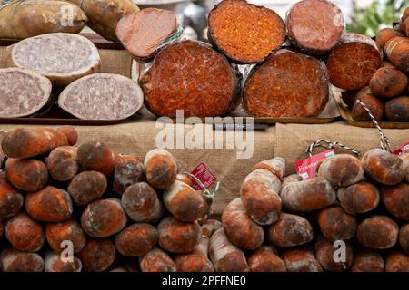 Traditional pork meat sausages (sobrasada).Sineu market.Mallorca island.Spain Stock Photo