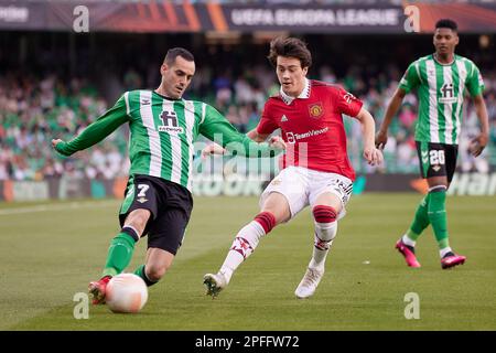 Seville, Spain. 16th Mar, 2023. Juanmi (7) of Real Betis and Facundo Pellistri (28) of Manchester United seen during the UEFA Europa League match between Real Betis and Manchester United at Estadio Benito Villamarin in Seville. (Photo Credit: Gonzales Photo/Alamy Live News Stock Photo