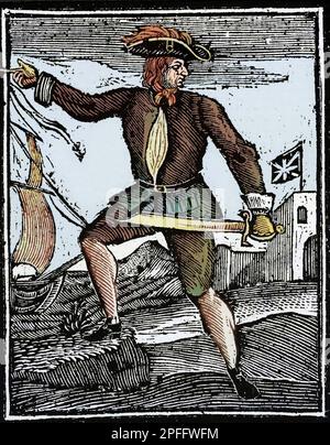 Howell Davis (ou Hywel Davies) est un pirate gallois du début du XVIII e siècle - Representation du pirate Howell Davis, actif vers 1718-1719. Gravure. Engraving from 'A General History of the Pyrates' (1724) Stock Photo