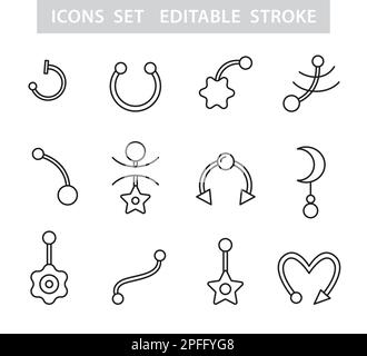Piercing jewel icons set, Face and Body Pierce Studio jewelry tools logo Stock Vector