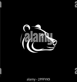 Bear head silhouette tattoo, logo template. Hand drawing wild animal emblem on black background, minimalistic sketch monochrome art. Vector Stock Vector