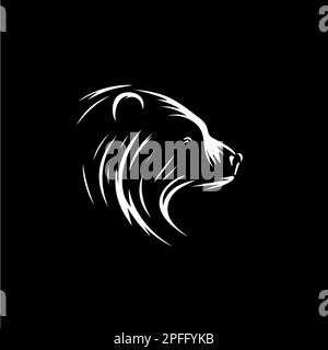 Bear head silhouette tattoo, logo template. Hand drawing wild animal emblem on black background, minimalistic sketch monochrome art. Vector Stock Vector