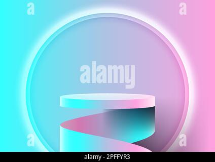 3D realistic blue and pink podium stand with circle neon light backdrop minimal wall scene background. You can use for product presentation, cosmetic Stock Vector