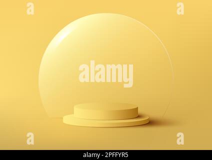 3D realistic yellow podium pedestal stand with circle transparent glass isolated minimal wall scene background with natural lighting. You can use for Stock Vector