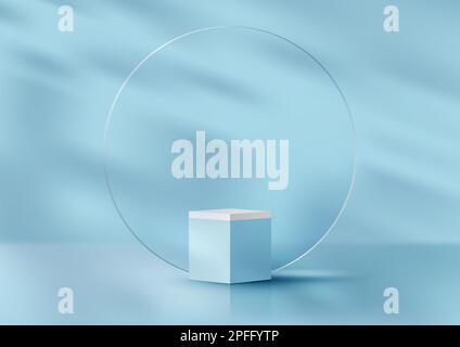 3D realistic products display blue podium cube stand with transparency circle glass backdrop and leaf shadow minimal wall scene on blue background. Yo Stock Vector