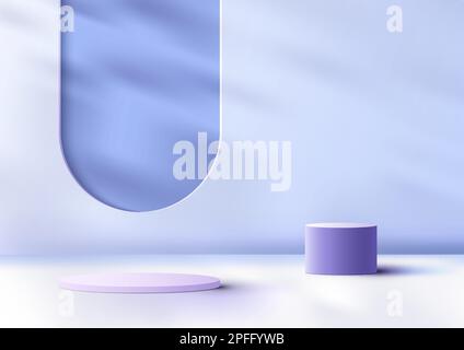 3D realistic products display purple podium stand with window and leaf shadow on minimal wall scene blue background. You can use for product presentat Stock Vector