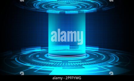 Abstract 3D realistic technology digital cyberpunk podium display neon lighting circle portal tunnel with HUD geometric elements on dark blue grid bac Stock Vector