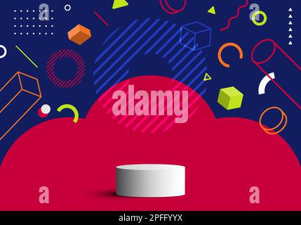 3D realistic white podium cylinder stand with abstract flat design geometric elements colorful pattern graphic design background retro style. You can Stock Vector