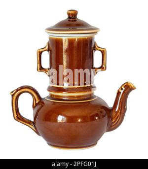 French three pieces set brown stoneware Coffee pot or Teapot. Vintage object from the fifties, isolated on white background Stock Photo