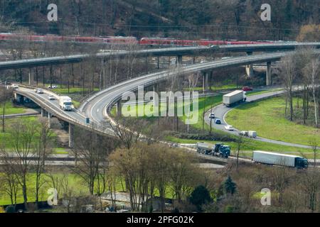 Duisburg, Germany. 17th Mar, 2023. Parts of the Kaiserberg interchange (aerial view with a drone). The railroad will completely close a neighboring, 8-lane, busy line between Essen and Duisburg for two weeks from 9 p.m. March 31 to April 14 during the Easter vacations. For a total of nine million euros, tracks on a stretch of seven kilometers in Duisburg, Oberhausen and Essen would be renewed, points replaced and the power supply for the trains modernized. Credit: Christoph Reichwein/dpa/Alamy Live News Stock Photo