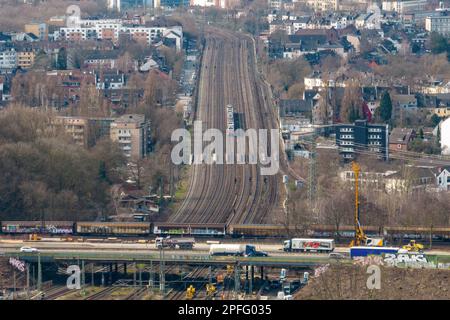 Duisburg, Germany. 17th Mar, 2023. The 8-lane rail line at the Kaiserberg interchange (aerial photo taken with a drone). The railroad will completely close the heavily used line between Essen and Duisburg for two weeks from 9 p.m. on March 31 to April 14 during the Easter vacations. At a total cost of nine million euros, tracks in Duisburg, Oberhausen and Essen would be renewed over a distance of seven kilometers, points replaced and the power supply for the trains modernized. Credit: Christoph Reichwein/dpa/Alamy Live News Stock Photo