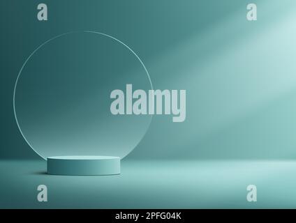 3D realistic luxury empty blue turquoise podium cylinder shape product display with circle transparent glass backdrop and lighting on minimal wall sce Stock Vector