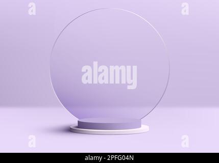 3D realistic luxury empty purple and white podium pedestal stand on purple background with circle transparent glass backdrop. You can use for product Stock Vector