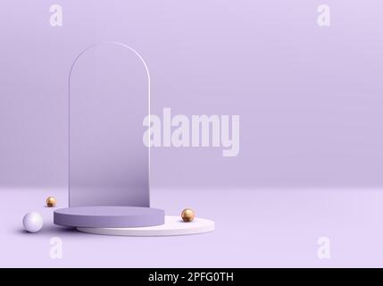 3D realistic luxury empty purple and white cylinder level podium pedestal on purple background with rounded geometric circles transparent glass backdr Stock Vector