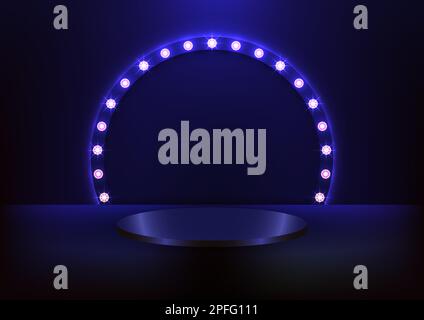 3D realistic blue podium pedestal with glowing light bulb circle backdrop on dark background retro style. You Can use for mockup cosmetic presentation Stock Vector