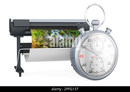 Plotter, large format inkjet printer with stopwatch, 3D rendering isolated on white background Stock Photo