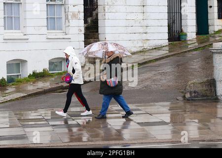 Hastings, East Sussex, UK. 17 Mar, 2023. UK Weather: Heavy rain expected throughout the day at the seaside town of Hastings in East Sussex. Photographer: Paul Lawrenson, Photo Credit: PAL News /Alamy Live News Stock Photo
