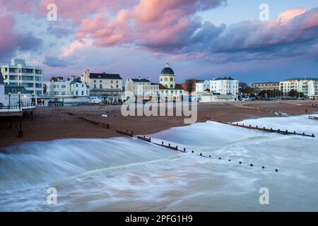 Sunset on Worthing beach in West Sussex, England. Stock Photo