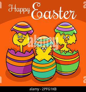 Cartoon illustration of Easter chicks  hatching from colored eggs holiday greeting card design Stock Vector