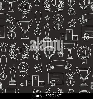 Award doodle hand drawn seamless pattern. Winner trophy cup, champion medal, win certificate background. Hand drawn doodle sketch style champion, victory, success elements. Vector illustration. Stock Vector
