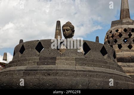 Stupas on top of Borobudur Temple, near Yogyakarta, central Java, Indonesia Stock Photo