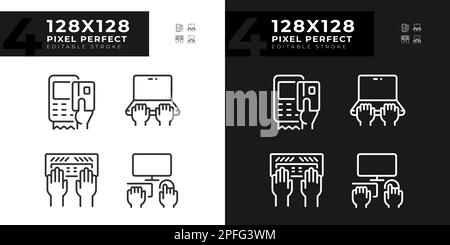 Hands using devices pixel perfect linear icons set for dark, light mode Stock Vector