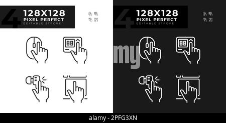 Pressing keys on devices pixel perfect linear icons set for dark, light mode Stock Vector