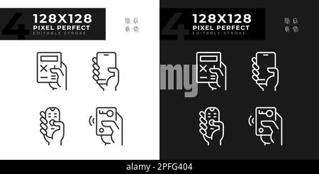 Hands with mobile devices pixel perfect linear icons set for dark, light mode Stock Vector