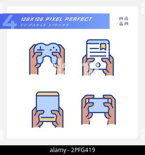 Black hands with amusing gadgets pixel perfect RGB color icons set Stock Vector