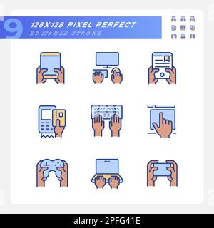 Black hands using gadgets pixel perfect RGB color icons set Stock Vector
