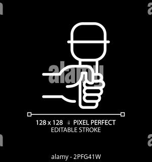 Hand with microphone pixel perfect white linear icon for dark theme Stock Vector